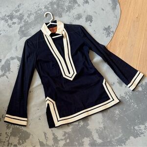 Tory Burch Caftan size 2 Navy Ecru White tunic top timeless classic
